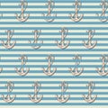 Anchor on blue stripes background seamless sailor pattern. Art design elements stock vector illustration